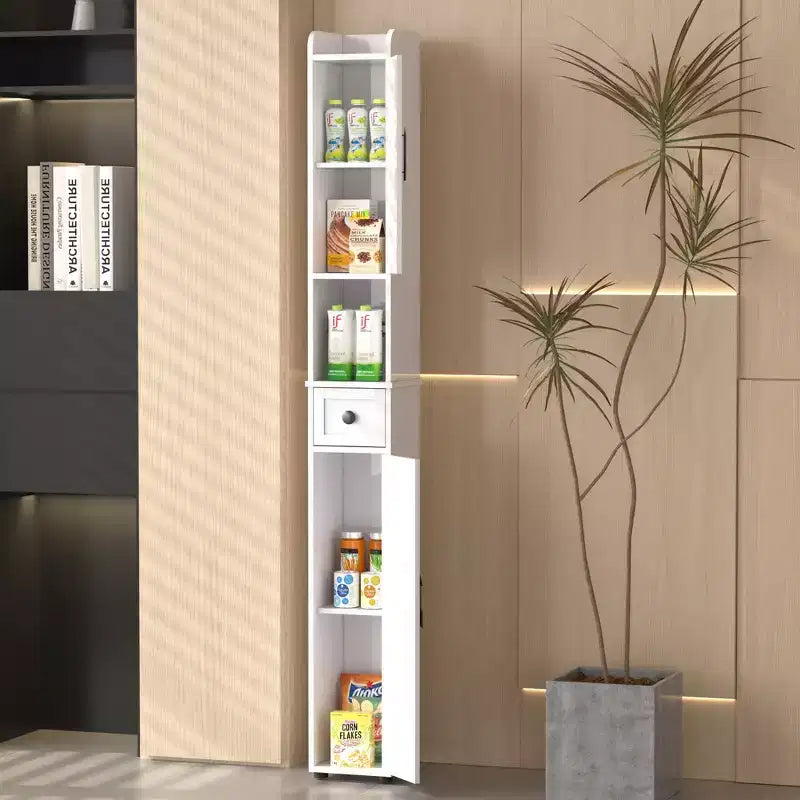 Meuble de Rangement Salle de Bain Haut et Fin avec 2 Portes et Tiroir – Blanc