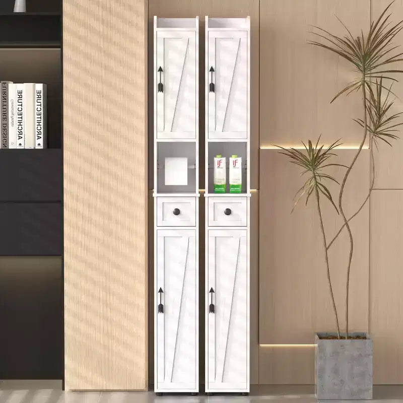 Meuble de Rangement Salle de Bain Haut et Fin avec 2 Portes et Tiroir – Blanc