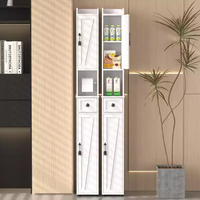 Meuble de Rangement Salle de Bain Haut et Fin avec 2 Portes et Tiroir – Blanc