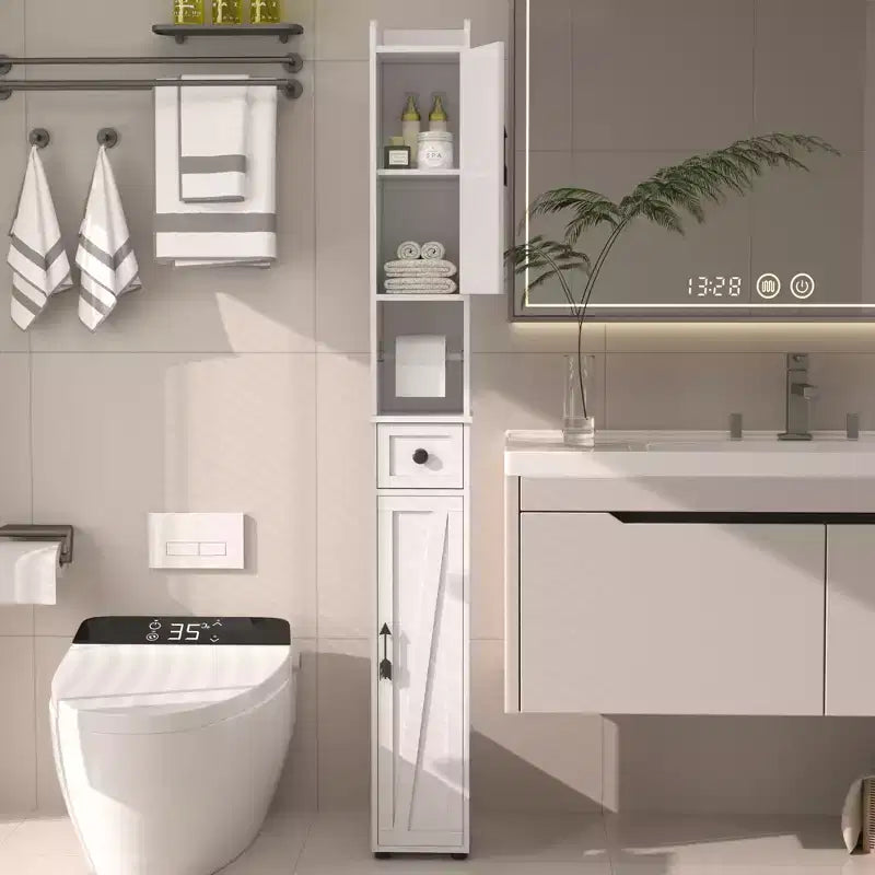 Armario de Almacenamiento Alto y Delgado para Baño con 2 Puertas y Cajón – Blanco