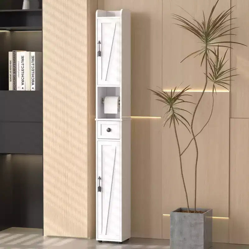 Armario de Almacenamiento Alto y Delgado para Baño con 2 Puertas y Cajón – Blanco