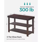 Banc à chaussures, Organisateur de rangement à chaussures à 3 niveaux en bambou, Banc d'entrée, Supporte jusqu'à 130 kg, 28,7 x 70,1 x 45,2 cm, pour entrée, salle de bain, chambre