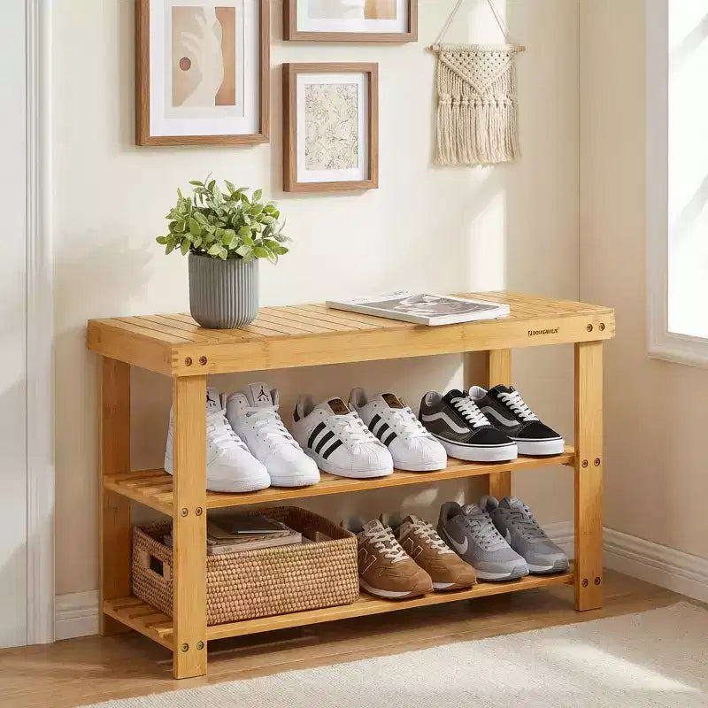Banco zapatero, organizador de almacenamiento de zapatos de bambú de 3 niveles, banco de entrada, soporta hasta 129.7 kg, 28.7 x 70.1 x 45.2 cm, para entrada, baño, dormitorio