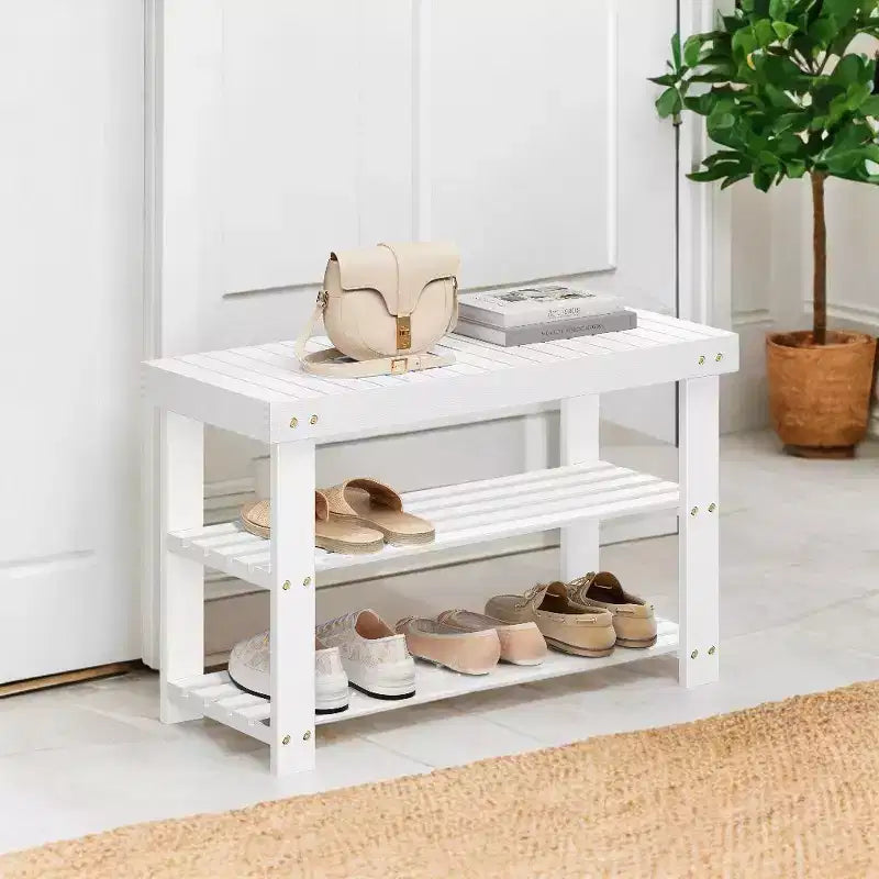 Banco zapatero, organizador de almacenamiento de zapatos de bambú de 3 niveles, banco de entrada, soporta hasta 129.7 kg, 28.7 x 70.1 x 45.2 cm, para entrada, baño, dormitorio