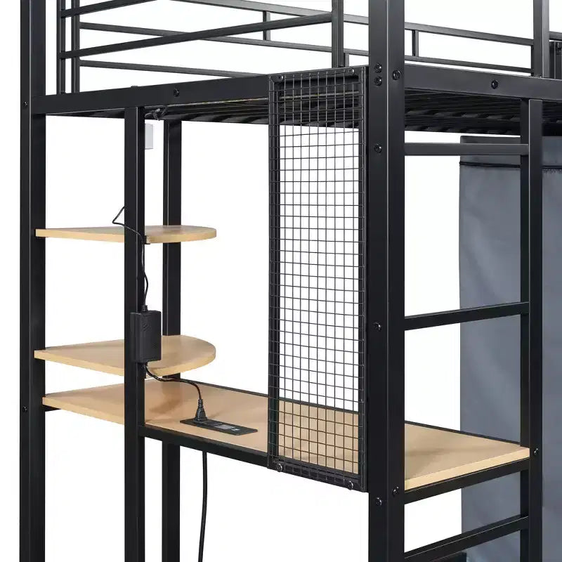 Cama alta de metal Twin/Full con escritorio, estantes, luz LED y armario