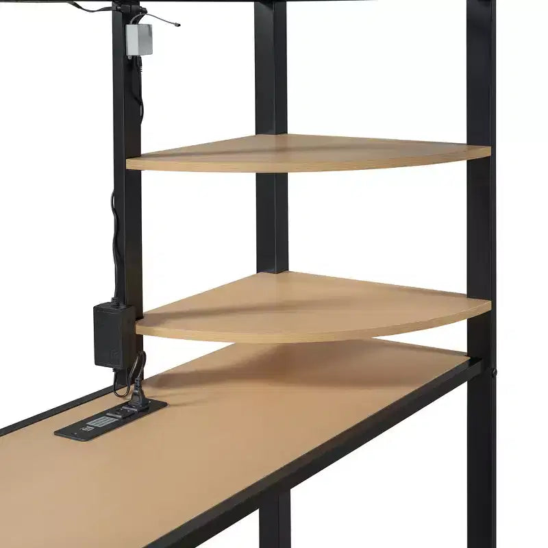 Cama alta de metal Twin/Full con escritorio, estantes, luz LED y armario