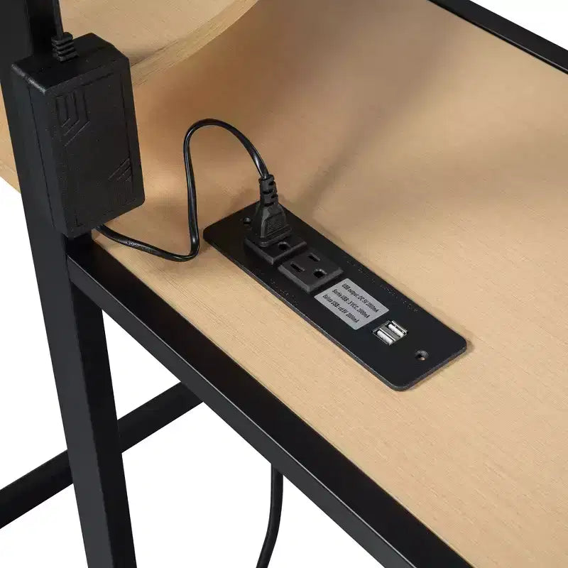 Cama alta de metal Twin/Full con escritorio, estantes, luz LED y armario