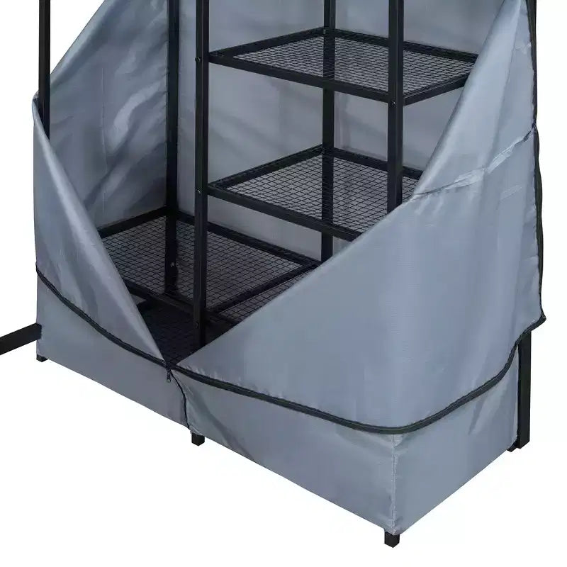 Cama alta de metal Twin/Full con escritorio, estantes, luz LED y armario
