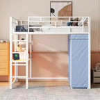 Cama alta de metal Twin/Full con escritorio, estantes, luz LED y armario
