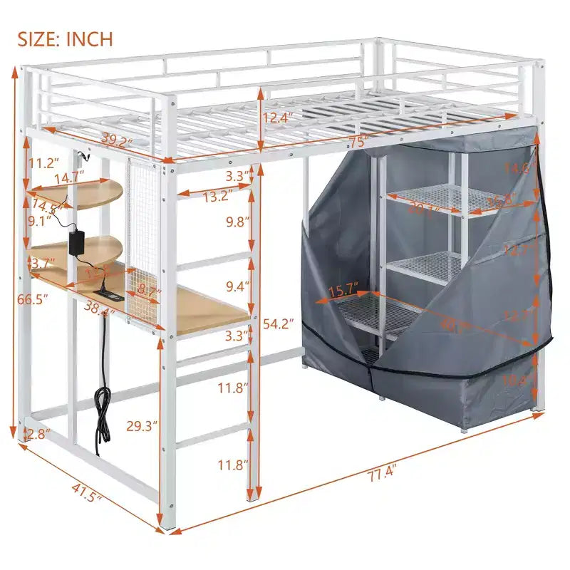 Cama alta de metal Twin/Full con escritorio, estantes, luz LED y armario