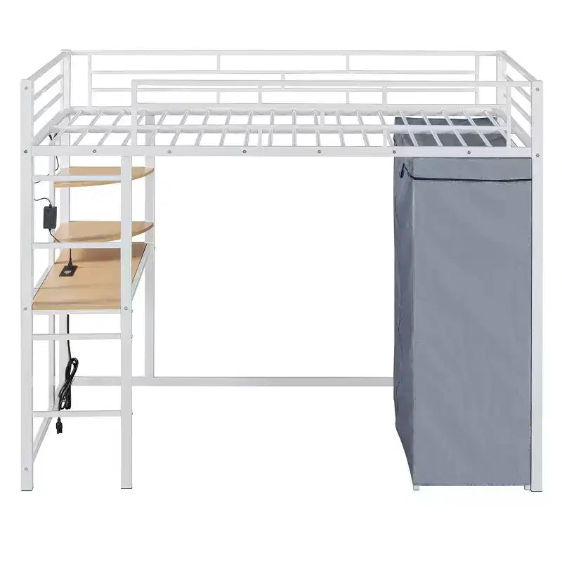 Cama alta de metal Twin/Full con escritorio, estantes, luz LED y armario