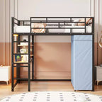 Cama alta de metal Twin/Full con escritorio, estantes, luz LED y armario