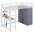 Cama alta de metal Twin/Full con escritorio, estantes, luz LED y armario