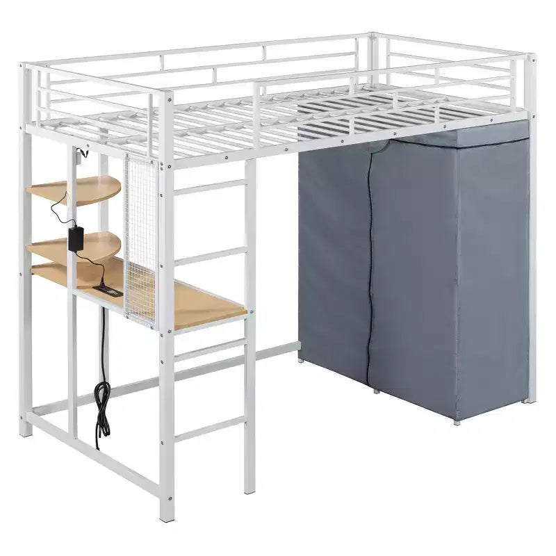 Cama alta de metal Twin/Full con escritorio, estantes, luz LED y armario