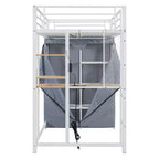 Cama alta de metal Twin/Full con escritorio, estantes, luz LED y armario