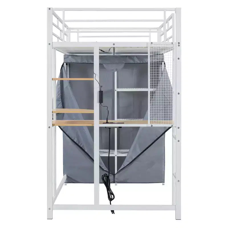 Cama alta de metal Twin/Full con escritorio, estantes, luz LED y armario