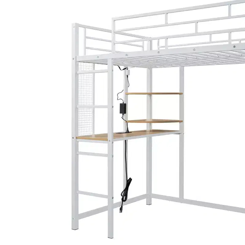 Cama alta de metal Twin/Full con escritorio, estantes, luz LED y armario