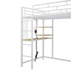 Cama alta de metal Twin/Full con escritorio, estantes, luz LED y armario