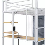 Cama alta de metal Twin/Full con escritorio, estantes, luz LED y armario