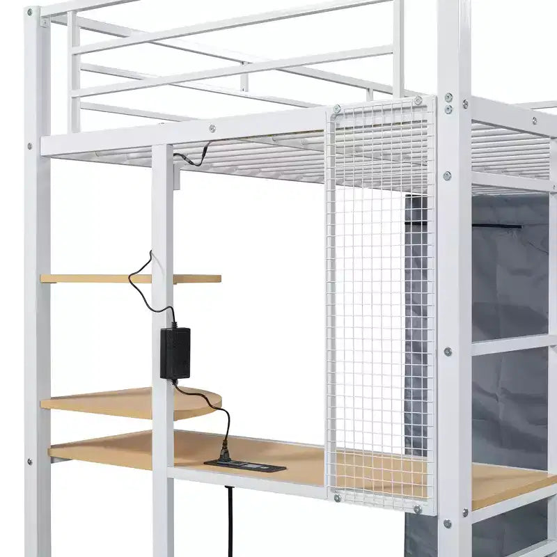 Cama alta de metal Twin/Full con escritorio, estantes, luz LED y armario