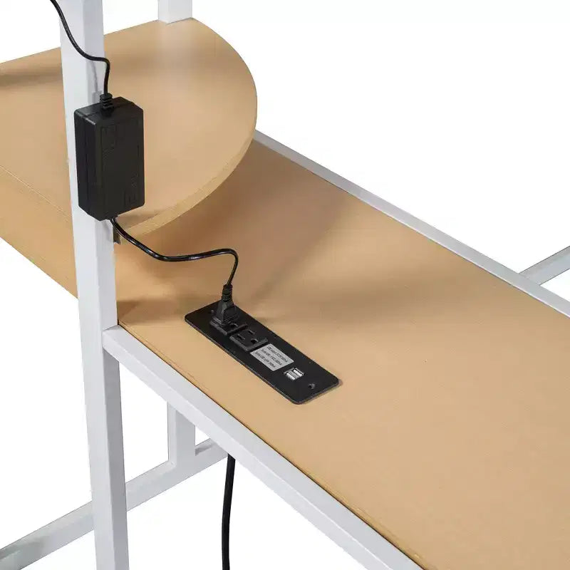 Cama alta de metal Twin/Full con escritorio, estantes, luz LED y armario