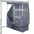 Cama alta de metal Twin/Full con escritorio, estantes, luz LED y armario