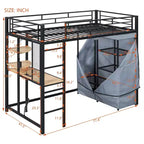 Cama alta de metal Twin/Full con escritorio, estantes, luz LED y armario