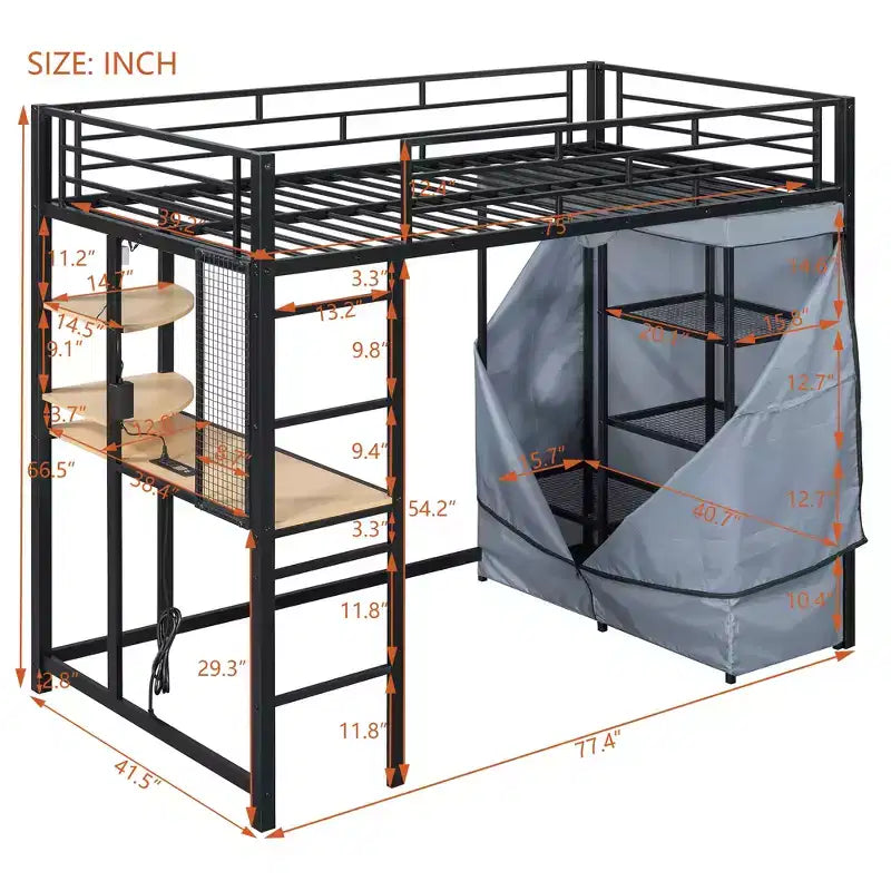 Cama alta de metal Twin/Full con escritorio, estantes, luz LED y armario