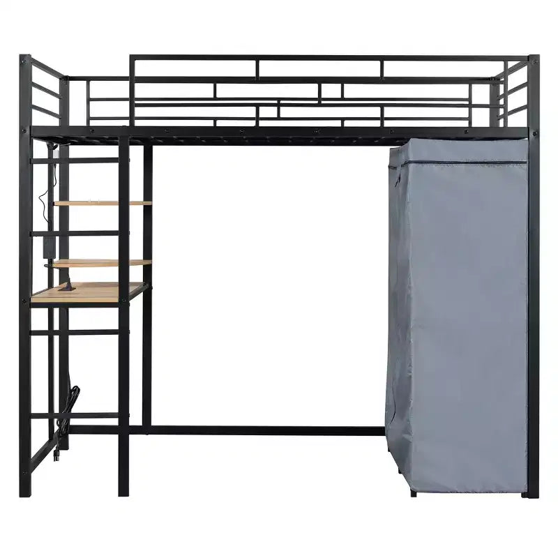 Cama alta de metal Twin/Full con escritorio, estantes, luz LED y armario