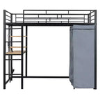 Cama alta de metal Twin/Full con escritorio, estantes, luz LED y armario