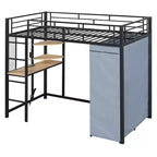 Cama alta de metal Twin/Full con escritorio, estantes, luz LED y armario