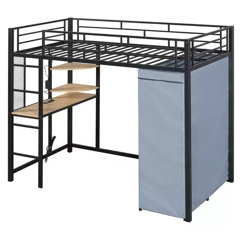 Cama alta de metal Twin/Full con escritorio, estantes, luz LED y armario