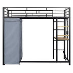 Cama alta de metal Twin/Full con escritorio, estantes, luz LED y armario