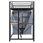 Cama alta de metal Twin/Full con escritorio, estantes, luz LED y armario