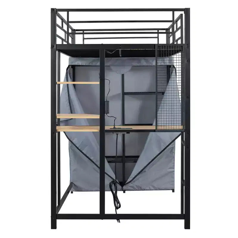 Cama alta de metal Twin/Full con escritorio, estantes, luz LED y armario