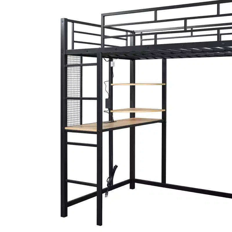 Cama alta de metal Twin/Full con escritorio, estantes, luz LED y armario