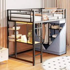 Twin/Full Size Metal Loft Bed with Desk, Shelves, Power Outlet, LED Light and Wardrobe, Black/White-ModernLuxe