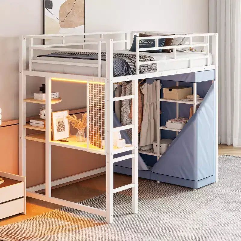 Cama alta de metal Twin/Full con escritorio, estantes, luz LED y armario