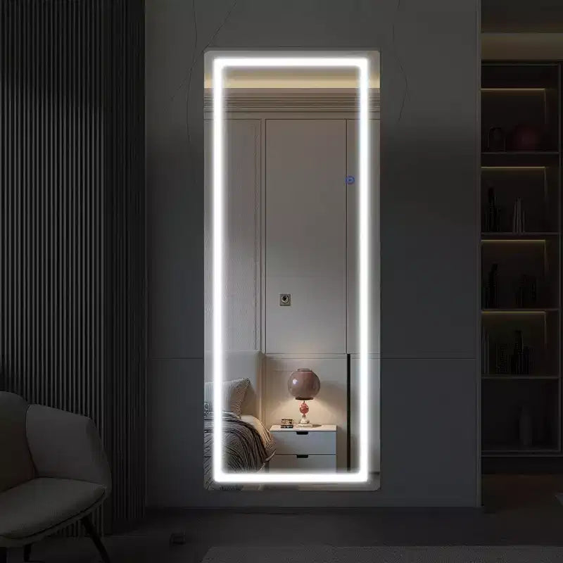 Espejo LED de Cuerpo Entero Rectangular Redondeado de Aluminio Sin Marco Plateado