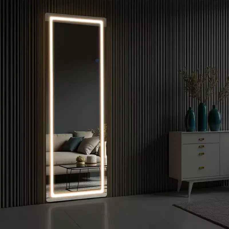Espejo LED de Cuerpo Entero Rectangular Redondeado de Aluminio Sin Marco Plateado