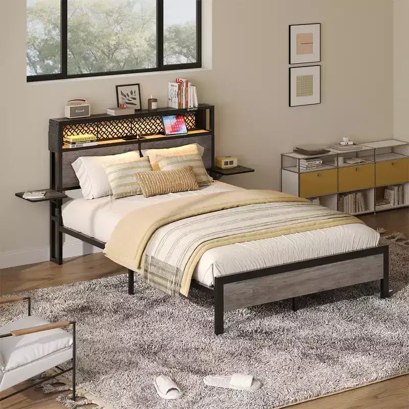 Cama con plataforma LED tamaño Queen/Matrimonial con cabecero de almacenamiento y estación de carga