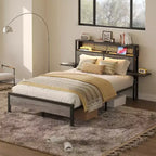 Cama con plataforma LED tamaño Queen/Matrimonial con cabecero de almacenamiento y estación de carga