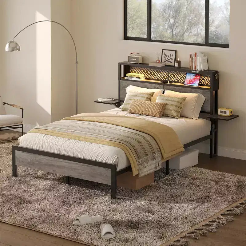Cama con plataforma LED tamaño Queen/Matrimonial con cabecero de almacenamiento y estación de carga