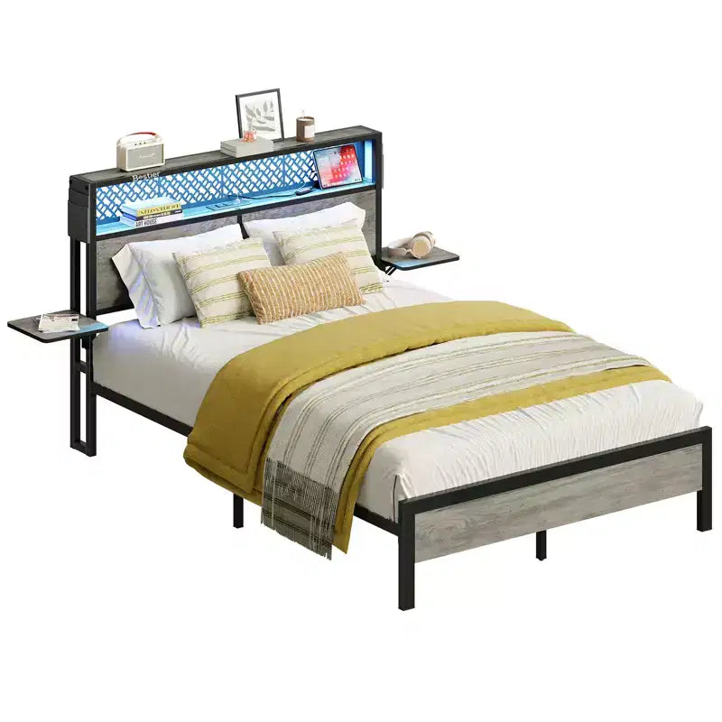 Cama con plataforma LED tamaño Queen/Matrimonial con cabecero de almacenamiento y estación de carga