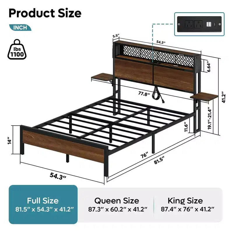 Cama con plataforma LED tamaño Queen/Matrimonial con cabecero de almacenamiento y estación de carga
