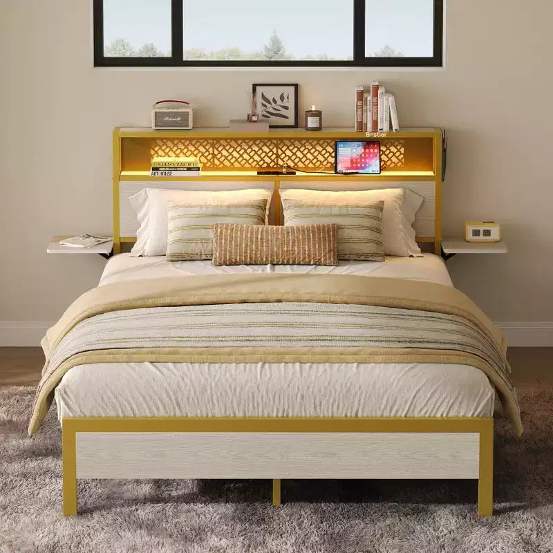 Cama con plataforma LED tamaño Queen/Matrimonial con cabecero de almacenamiento y estación de carga