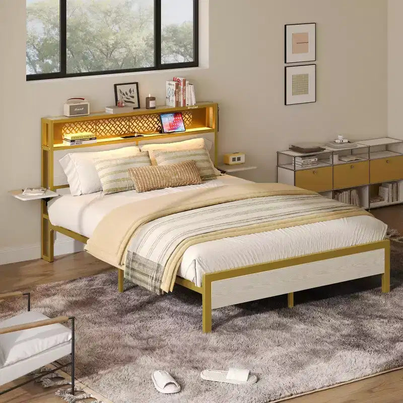 Cama con plataforma LED tamaño Queen/Matrimonial con cabecero de almacenamiento y estación de carga