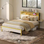 Cama con plataforma LED tamaño Queen/Matrimonial con cabecero de almacenamiento y estación de carga