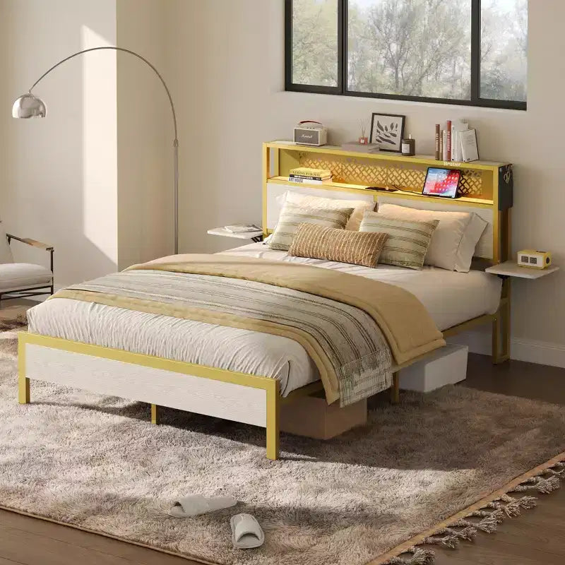 Cama con plataforma LED tamaño Queen/Matrimonial con cabecero de almacenamiento y estación de carga