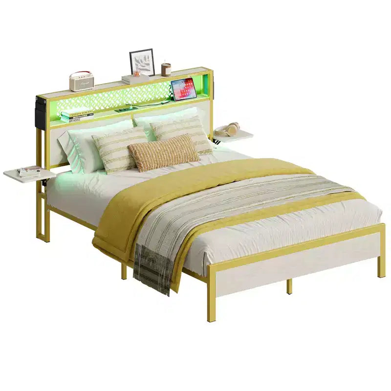 Cama con plataforma LED tamaño Queen/Matrimonial con cabecero de almacenamiento y estación de carga
